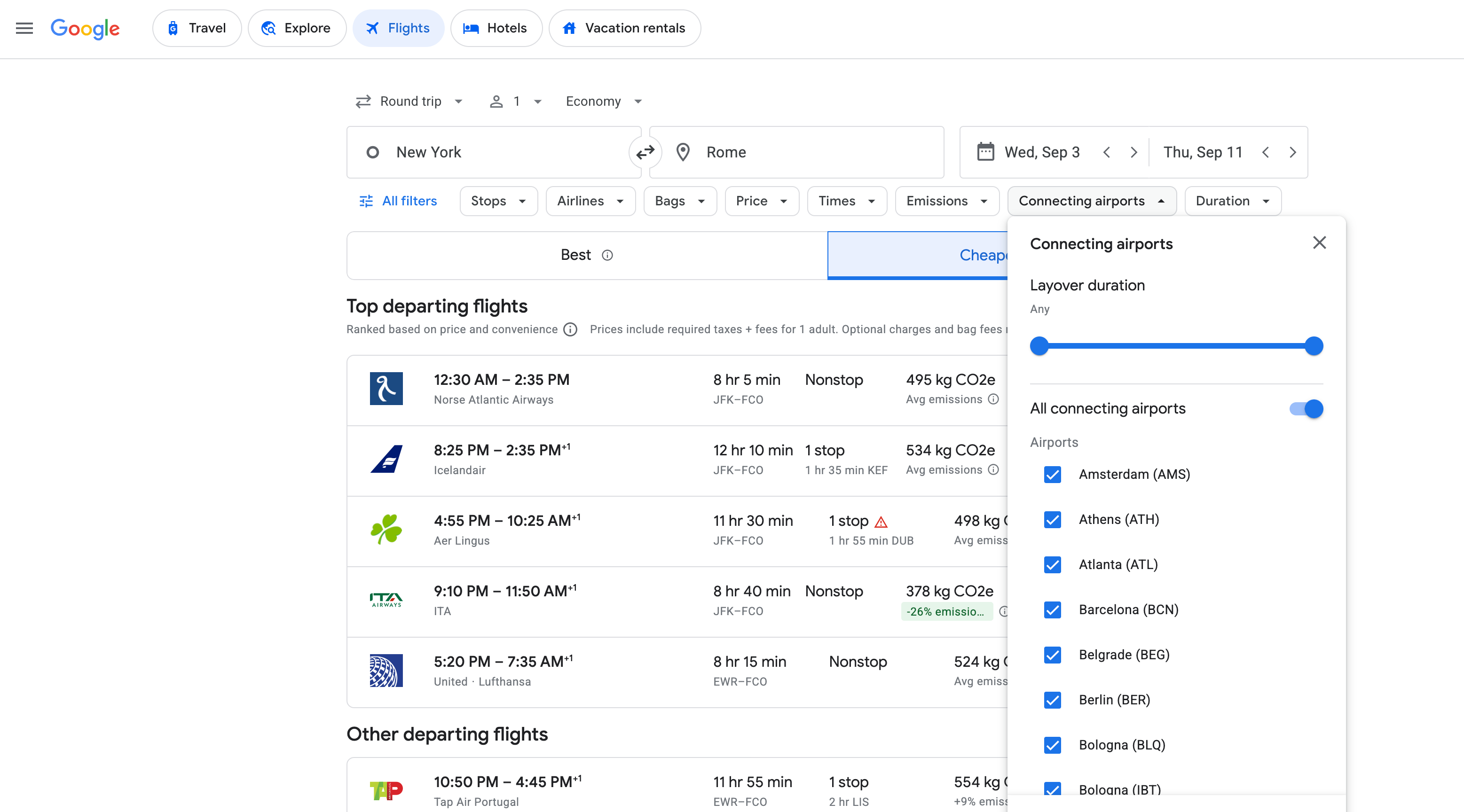 New York to Rome search on Google Flights.